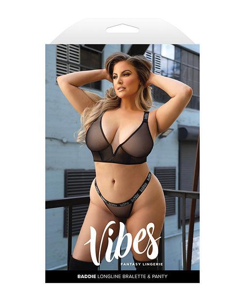 image of product,Vibes Baddie Glitter Mesh Long Line Bralette & Thong Black QN - SEXYEONE