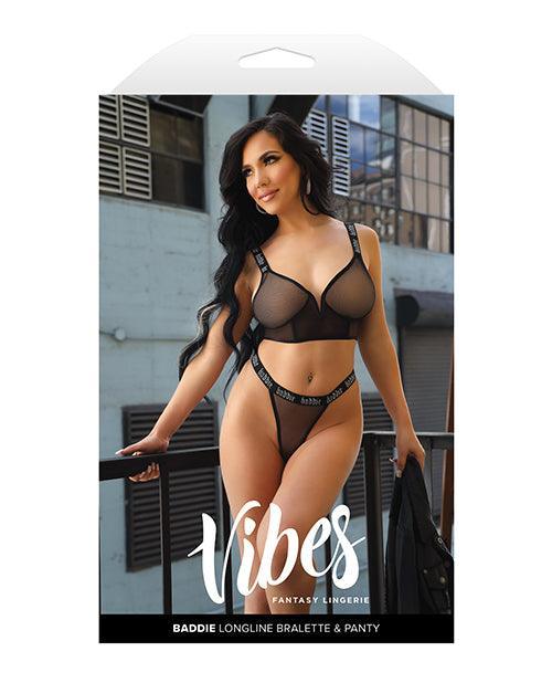 image of product,Vibes Baddie Glitter Mesh Long Line Bralette & Thong Black - SEXYEONE