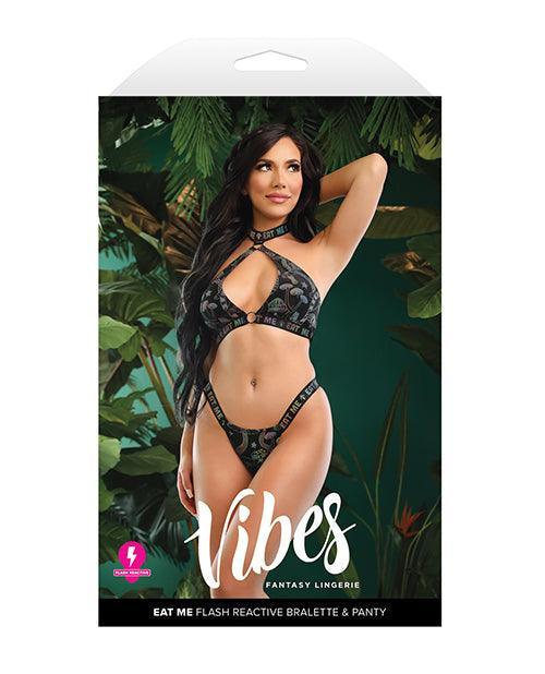 Vibes Eat Me Flash Reactive Mushroom Print Halter Bralette w/Thong - Black - SEXYEONE