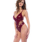 Wet Look Bodysuit with Lace-Up Detail & Hook and Eye Crotch Closure - Wine - SEXYEONE