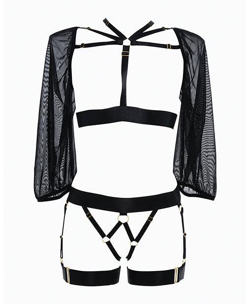 image of product,Adore Ibiza Babe Strappy Open Front Bodice W/mesh Sleeves & Open Gartered Panty Black O/s - SEXYEONE