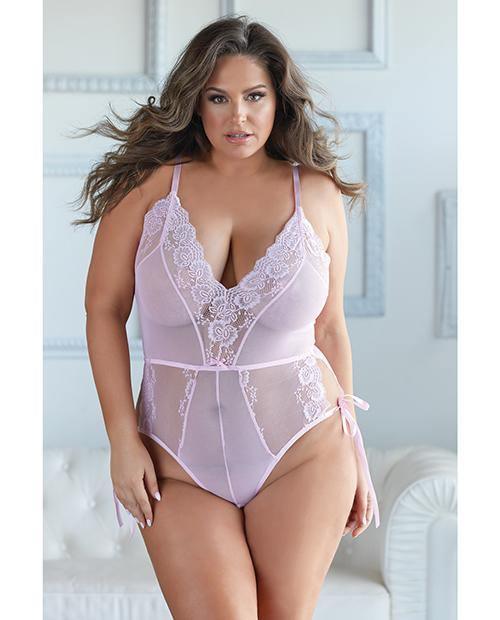 product image, Allure Belle Lace & Mesh Tie Up Romper Pink - SEXYEONE 