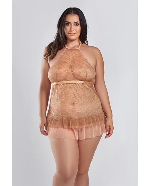product image, Amber Halter Lace Babydoll W/tiered Pleated Mesh Skirt Hem & G-string Brown - SEXYEONE