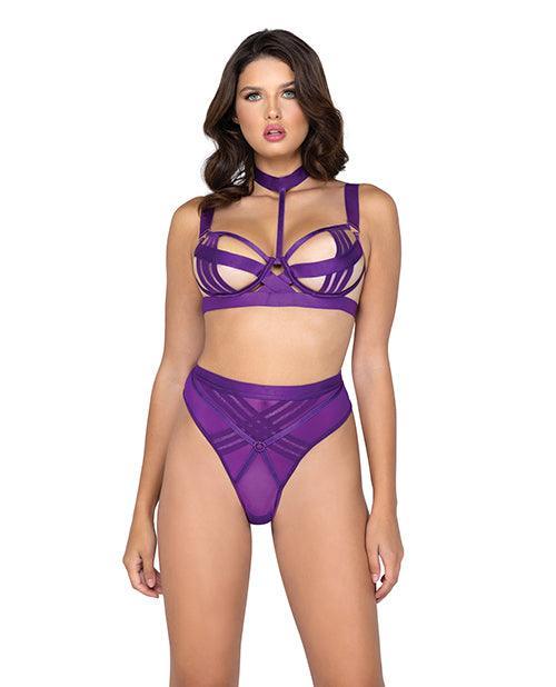 product image, Bondage Stripe Demi Cup Underwire Bra & Panty Purple - SEXYEONE