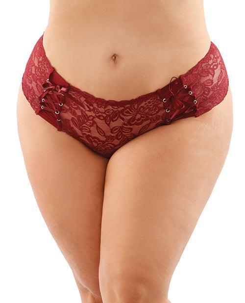 product image, Bottoms Up Magnolia Stretch Lace Crotchless Panty W/ribbon Lace Up Front Qn - SEXYEONE