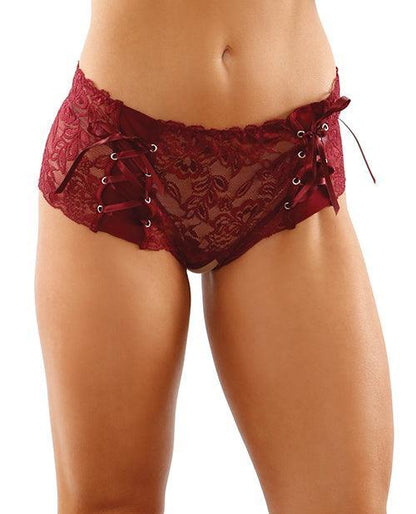 Bottoms Up Magnolia Stretch Lace Crotchless Panty W/ribbon Lace Up Front - SEXYEONE