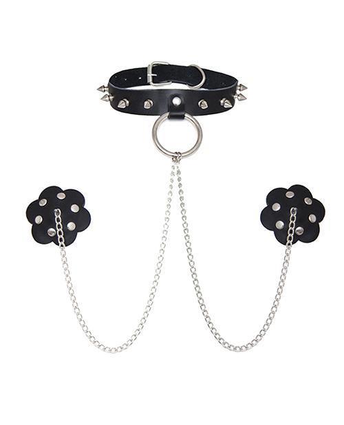product image, Burlesque Slave 4 U Chain Neck Choker Leather Reusable Silicone Nipztix - Black O-s - MPGDigital Sales