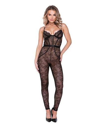 Chantilly Stretch Lace Sleeveless Catsuit W/satin Trim Black - SEXYEONE