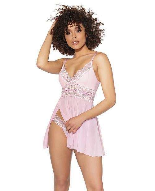 image of product,Crystal Pink Babydoll W/lightly Padded Cups & Thong Pink/silver - SEXYEONE 