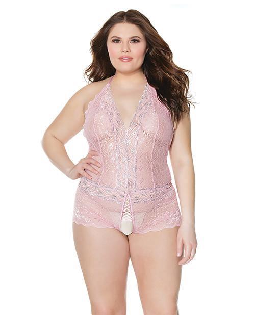 Crystal Pink Halter Crotchless Teddy Pink-silver Os-xl - SEXYEONE 