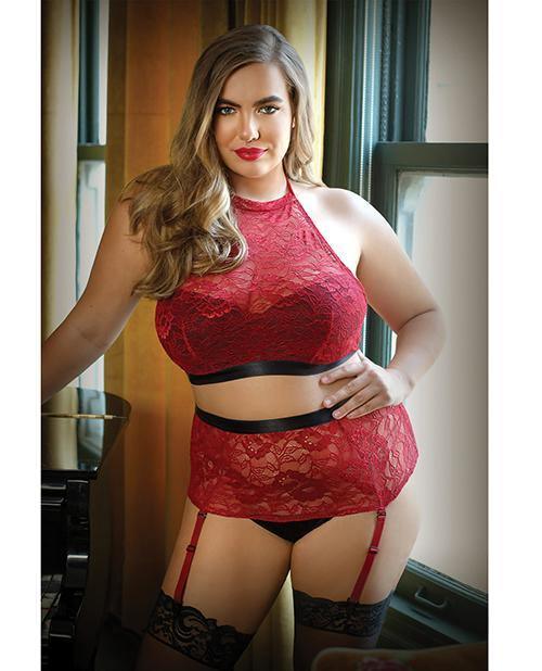 Curve Aria Lace Halter Top & High Waist Panty Red - SEXYEONE 