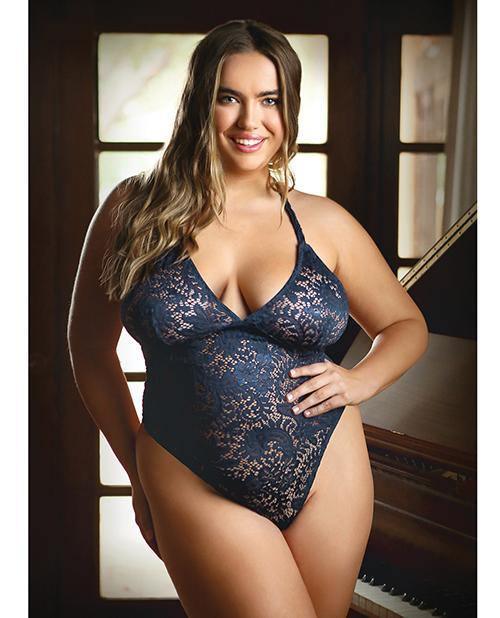 product image, Curve Cara Stretch Lace Teddy W/snap Crotch Ink Blue - SEXYEONE 