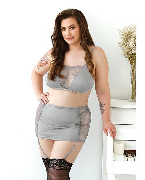 Curve Layne Lace & Microfiber Bralette W/garter Skirt & G-string Gray - SEXYEONE