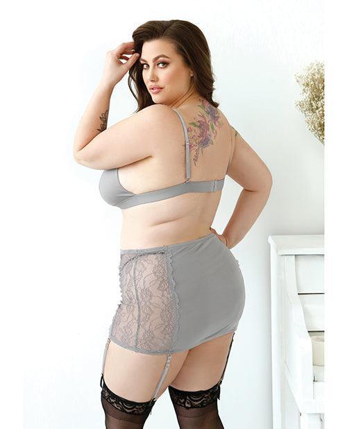 product image,Curve Layne Lace & Microfiber Bralette W/garter Skirt & G-string Gray - SEXYEONE