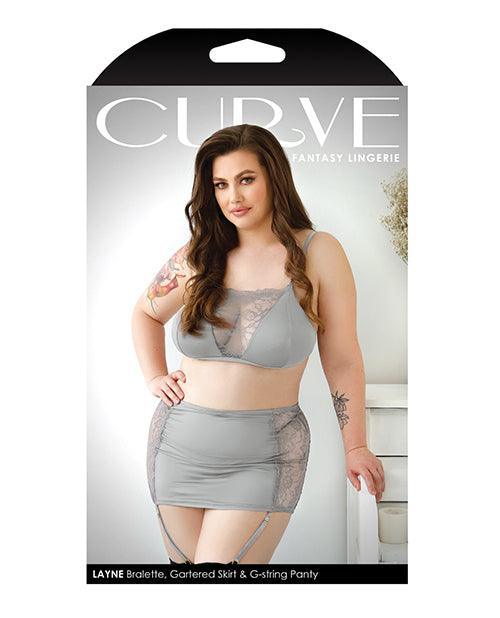 Curve Layne Lace & Microfiber Bralette W/garter Skirt & G-string Gray - SEXYEONE