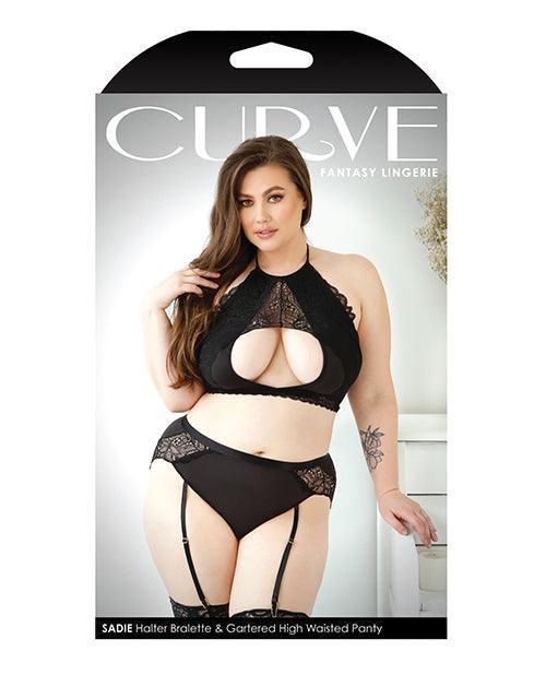 image of product,Curve Sadie Lace Overlay Keyhole Halter Top & Gartered Panty Black - SEXYEONE