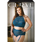 Curve Shay Lace Halter Bra Top & High Waist Crotchless Panty W/removable Garters Teal - SEXYEONE