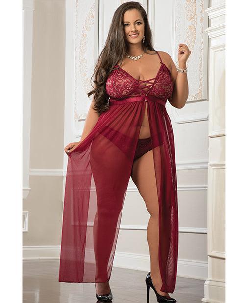product image, Empire Waist Laced Sheer Long Dress & Panty Mulled Wine Qn - SEXYEONE
