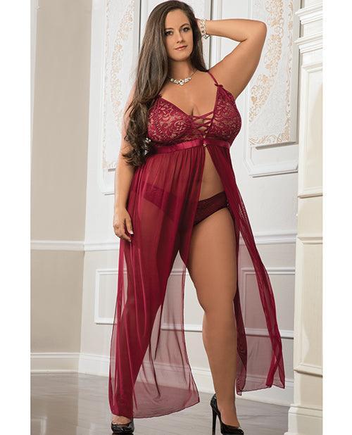 image of product,Empire Waist Laced Sheer Long Dress & Panty Mulled Wine Qn - SEXYEONE