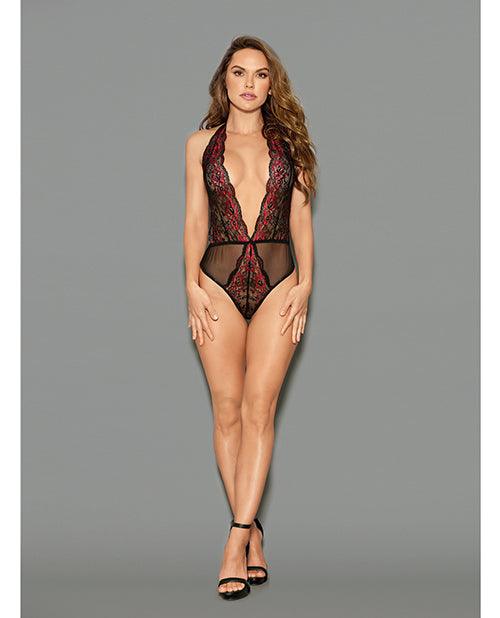 product image, Euphoria Two Tone Lace Halter Crotch Closure Teddy Blk-red Os - {{ SEXYEONE }}
