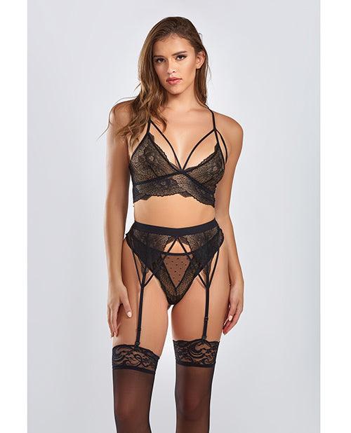 Everly Dot Mesh & Galloon Lace Strappy Bra, Garterbelt & Hipster Panty Black - SEXYEONE