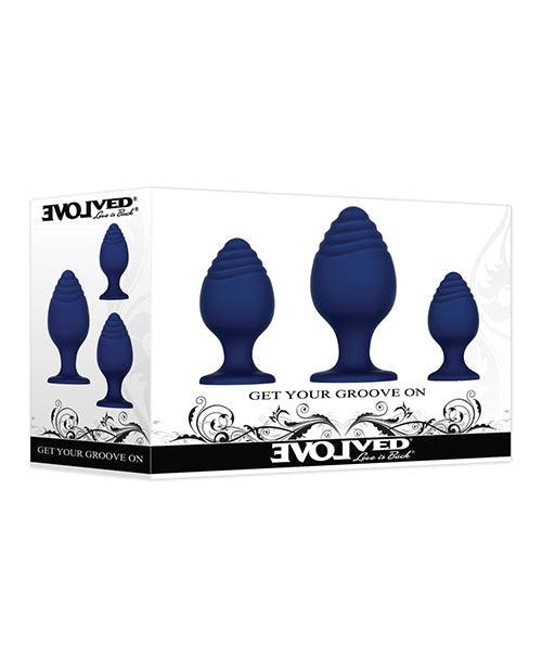 product image, Evolved Get Your Groove On 3 Pc Silicone Anal Plug Set - Blue - {{ SEXYEONE }}