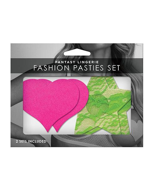 product image, Fantasy Uv Reactive Neon Heart & Lace Star Pasties - Pink & Green O-s Pack Of 2 - SEXYEONE