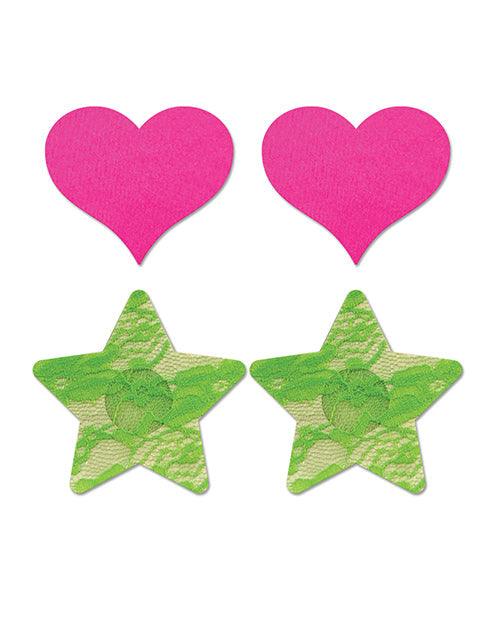 product image,Fantasy Uv Reactive Neon Heart & Lace Star Pasties - Pink & Green O-s Pack  Of 2 - {{ SEXYEONE }}