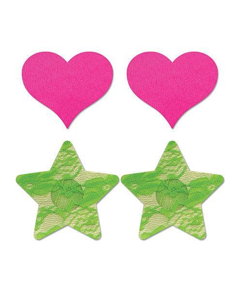 image of product,Fantasy Uv Reactive Neon Heart & Lace Star Pasties - Pink & Green O-s Pack Of 2 - SEXYEONE