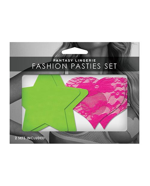 product image, Fantasy Uv Reactive Neon Star & Lace Heart Pasties - Green & Pink O-s Pack Of 2 - {{ SEXYEONE }}