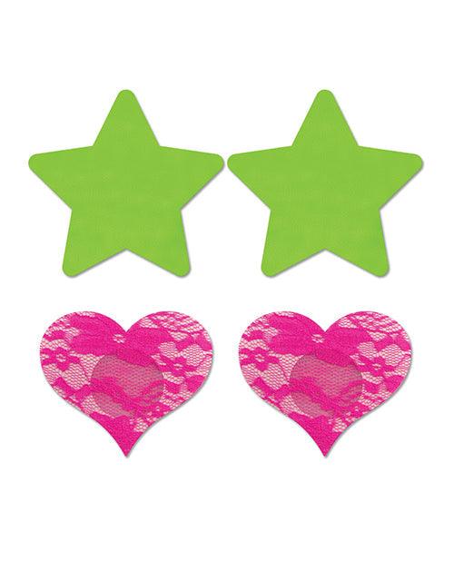 image of product,Fantasy Uv Reactive Neon Star & Lace Heart Pasties - Green & Pink O-s Pack Of 2 - {{ SEXYEONE }}