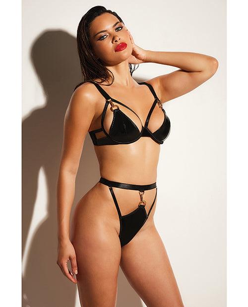 product image, Fetish Excitement Unlined Underwire Vinyl Bra & Panty W/d-ring & Metal Clasp Black - SEXYEONE