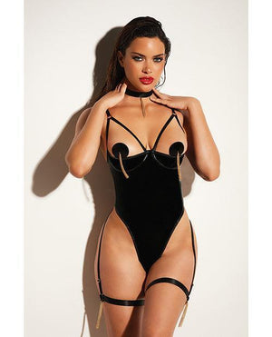 Fetish Play Open Shelf Cup Vinyl & Mesh Teddy W/vinyl Nipple Covers & Chain Tassle Black 1x/2x - SEXYEONE