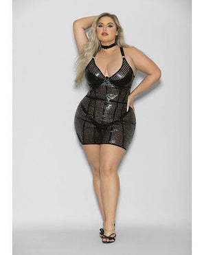 Flame Fetish Mistress Lasercut Lattice Chemise W/choker & Thong Black 1x/2x - SEXYEONE