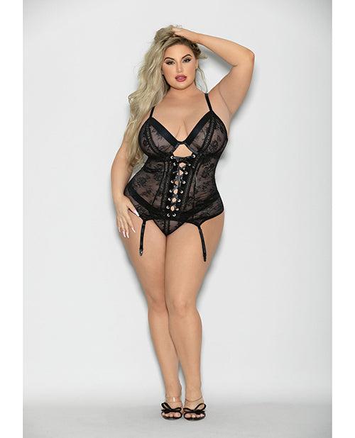 product image, Flame Fetish Soulmate Lace Up Bustier & Wide Band Thong Black 1x/2x - SEXYEONE
