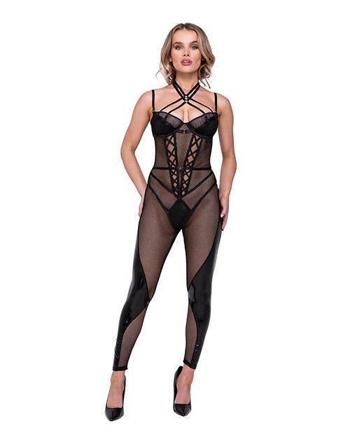 product image, Flirty Fetish Fishnet & Faux Leather Catsuit W/satin Trim Black - SEXYEONE