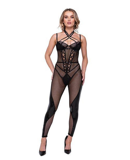 Flirty Fetish Fishnet & Faux Leather Catsuit W/satin Trim Black - SEXYEONE