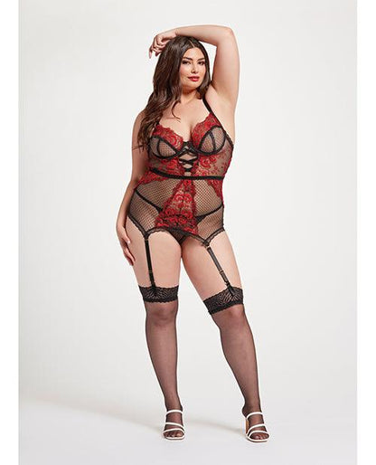 Floral Embroidered Lace Chemise W/adjustable Garters & Thong Black/red - SEXYEONE
