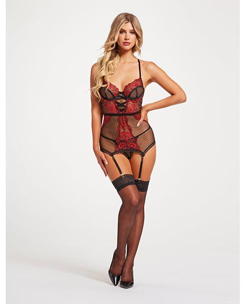 Floral Embroidered Lace Chemise W/adjustable Garters & Thong Black/red - SEXYEONE