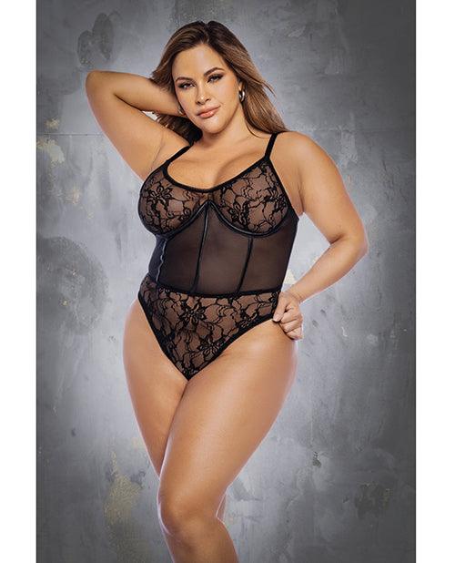 product image, Floral Lace & Mesh Underwire Bodysuit W/lace Up Back Black - SEXYEONE