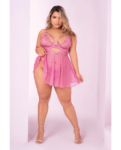 Floral Lace Peek A Boo Babydoll & G-string Sunset Pink - SEXYEONE