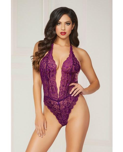 product image, Floral Lace Teddy W/halter Satin Ribbon Ties & Snap Crotch O/s - {{ SEXYEONE }}