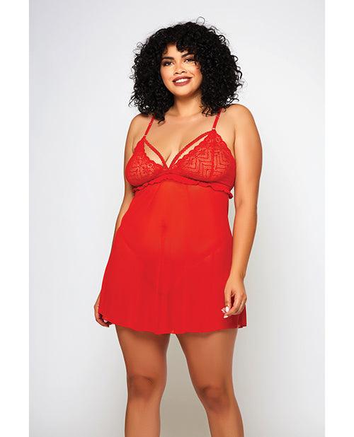 Galloon Lace & Fine Mesh Babydoll & G-string Red - {{ SEXYEONE }}