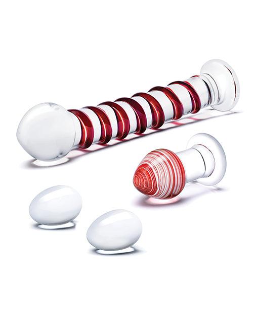 image of product,Glas 4 Pc Mr. Swirly Set W-glass Kegal Balls & 3.25" Butt Plug - Red - SEXYEONE