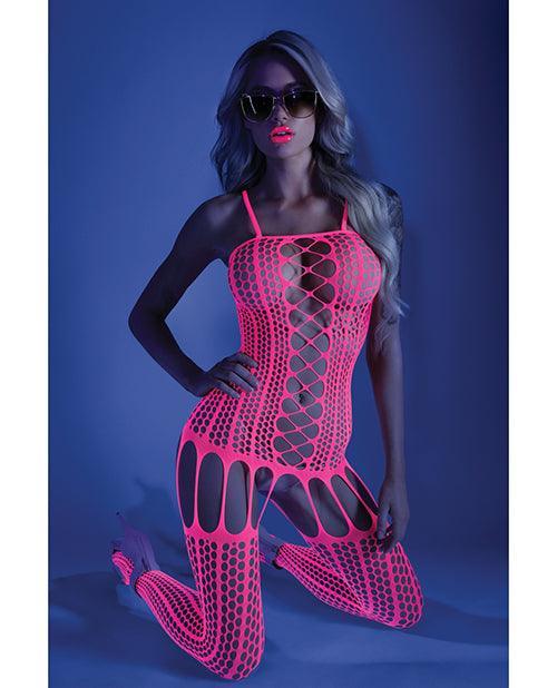 product image, Glow Black Light Criss Cross Paneled Bodystocking Neon Pink O/s - SEXYEONE