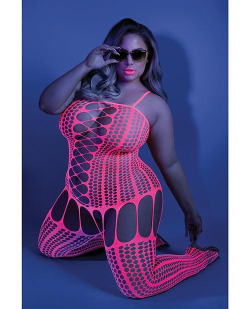 product image, Glow Black Light Criss Cross Paneled Bodystocking Neon Pink Qn - SEXYEONE