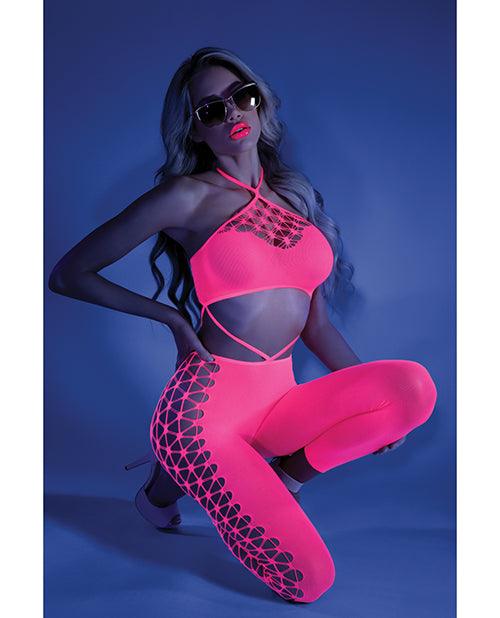 Glow Black Light Cropped Cutout Halter Bodystocking Neon Pink O/s - SEXYEONE