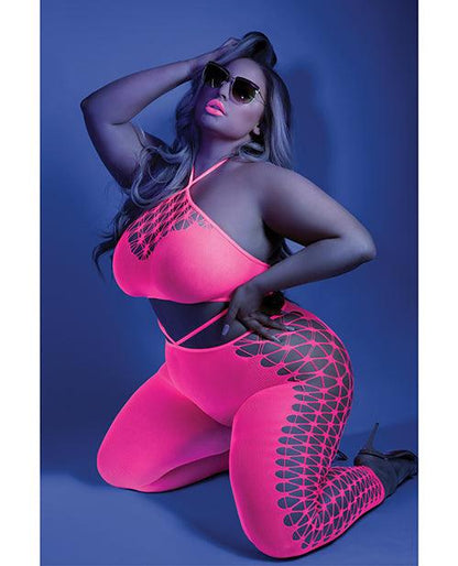 Glow Black Light Cropped Cutout Halter Bodystocking Neon Pink QN - SEXYEONE