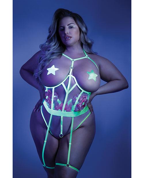 product image, Glow Black Light Embroidered Cupless Garter Teddy (pasties Not Included) Neon Chartreuse Qn - SEXYEONE