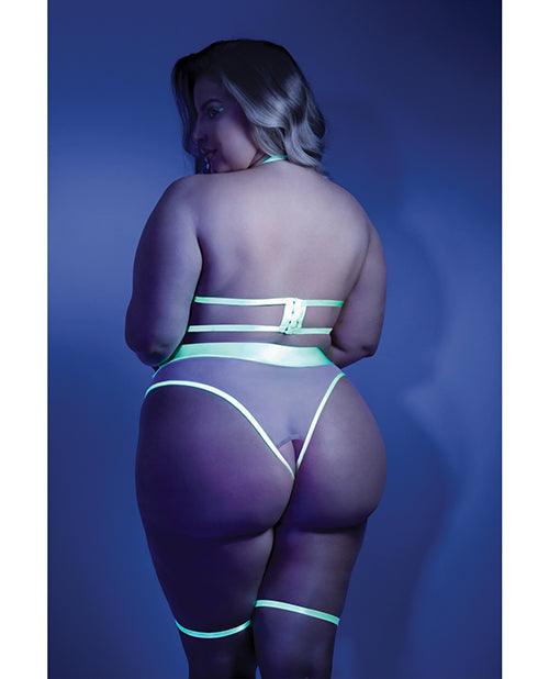 image of product,Glow Black Light Embroidered Cupless Garter Teddy (pasties Not Included) Neon Chartreuse Qn - SEXYEONE